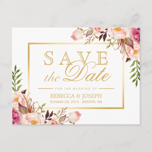 (voor USPS) Elegant Pink Floral Gold Save the Date Aankondigingskaart (Voorkant)