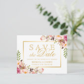(voor USPS) Elegant Pink Floral Gold Save the Date Aankondigingskaart (Staand voorkant)
