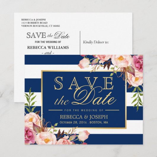 (voor USPS) Floral Navy Blue Stripes Save the Date Aankondigingskaart (Voorkant / Achterkant)
