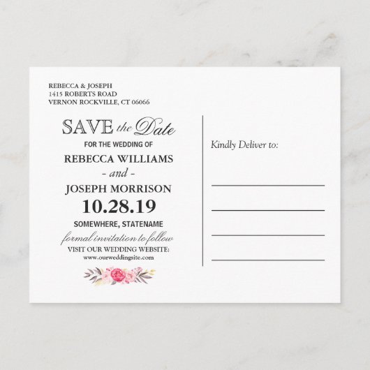 (voor USPS) Floral Navy Blue Stripes Save the Date Aankondigingskaart (Achterkant)