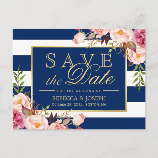 (voor USPS) Floral Navy Blue Stripes Save the Date Aankondigingskaart (Voorkant)