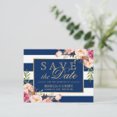 (voor USPS) Floral Navy Blue Stripes Save the Date Aankondigingskaart (Staand voorkant)