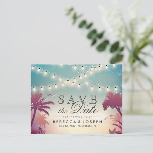 (voor USPS) Palm Beach String Lights Save the Date Aankondigingskaart (Staand voorkant)