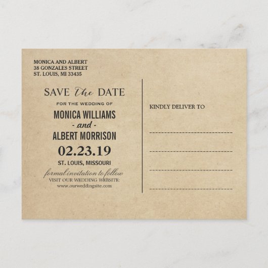 (voor USPS) Rustic Kraft Pine Trees Save the Date Aankondigingskaart (Achterkant)