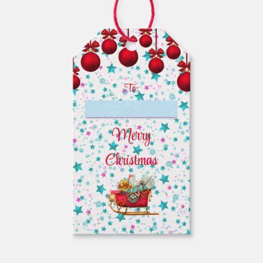 Voor Van Prettig Kerstfeest Kerstman Slede en Ster Cadeaulabel (Voorkant)