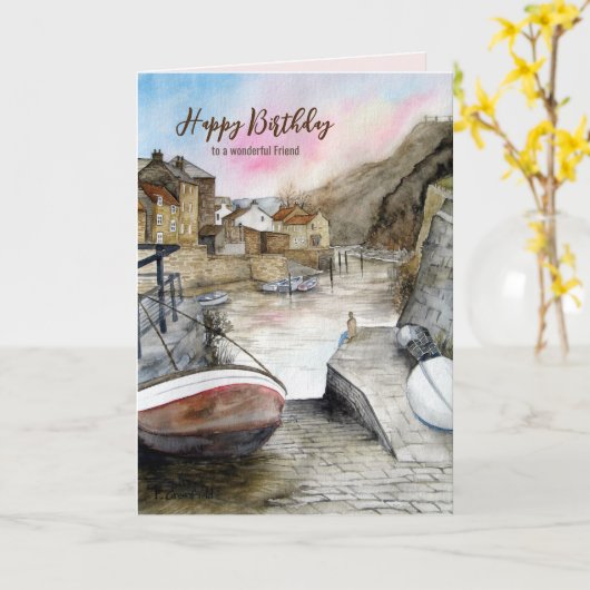 Voor Vriend op Verjaardag Staithes Engeland Waterv Kaart (Gele Bloem)