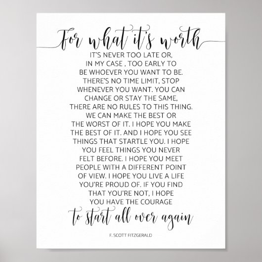 Voor wat het waard is, F. Scott Fitzgerald Quote Poster (Voorkant)