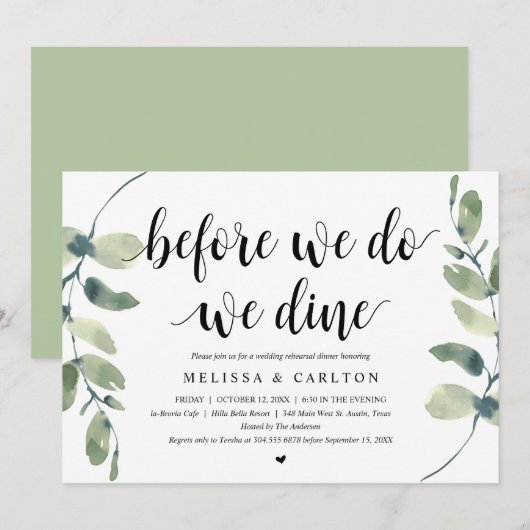 Voor we trouwen, dineren we, huwelijksrepetitie di kaart (Voorkant / Achterkant)