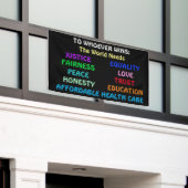 Voor wie ook wint, de wereld heeft rechtvaardighei spandoek (Buitenkant Gebouw)
