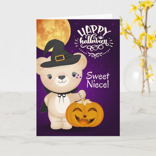 voor Young Niece Teddy Bear Witch Halloween Kaart (Gele Bloem)