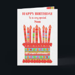 Voor zoon aangepaste verjaardagstaart kaart<br><div class="desc">Je kunt de leeftijd toevoegen aan deze felgekleurde verjaardagskaart voor je zoon, met een aardbeien verjaardagstaart. De taart heeft veel kaarsen met verschillende patronen en er is een geband patroon rond de taart met kleurrijke zomerfruit - aardbeien, frambozen, limoenen en sinaasappelschijfjes. Boven de taart staat de groet, in rode letters,...</div>