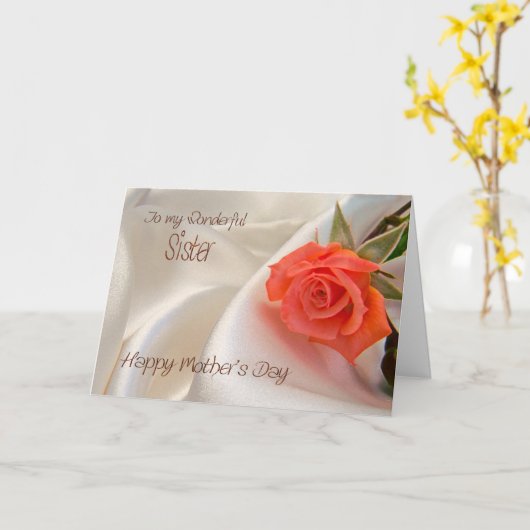 Voor zus, Moederdag kaart met een roze roos (Gele Bloem)