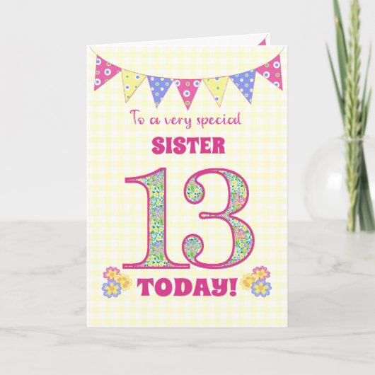 Voor zuster 13th Birthday Primroses Bunting Kaart (Voorkant)