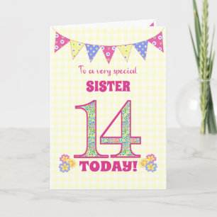 Voor zuster 14th Birthday Primroses Bunting Kaart