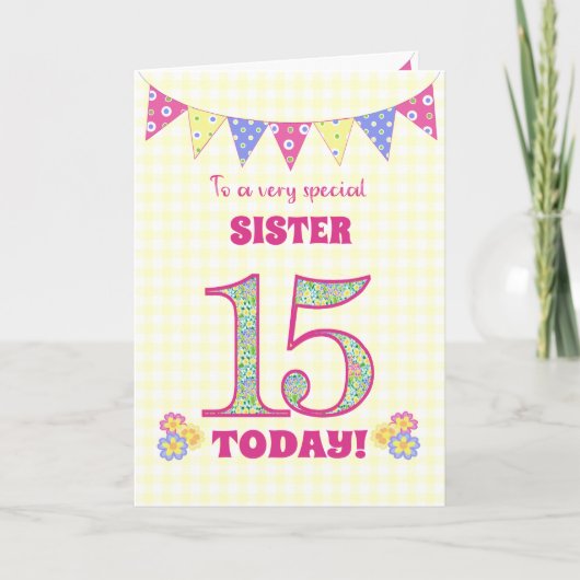 Voor zuster 15th Birthday Primroses Bunting Kaart (Voorkant)