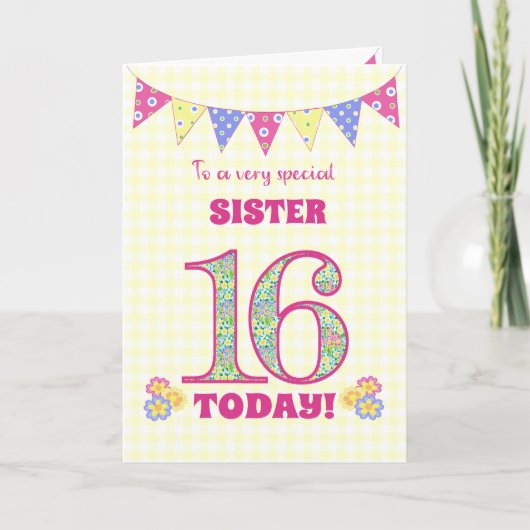 Voor zuster 16th Birthday Primroses Bunting Kaart (Voorkant)