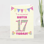 Voor zuster 17th Birthday Primrose en Bunting Kaar Kaart (Voorkant)
