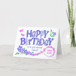 Voor zuster Birthday Pink en Blue Periwinkles Feestdagen Kaart