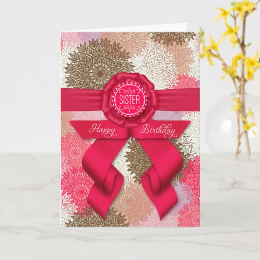 voor Zuster Deep Roos Pink Ribbon Birthday Kaart (Gele Bloem)