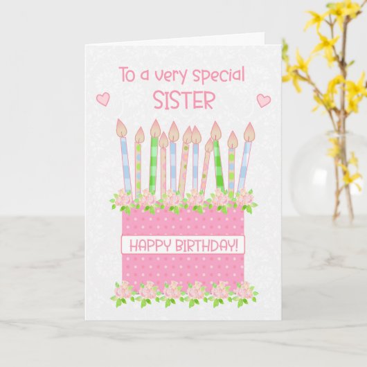 Voor Zuster Verjaardagstaart Harten en Rozen Kaart (Gele Bloem)