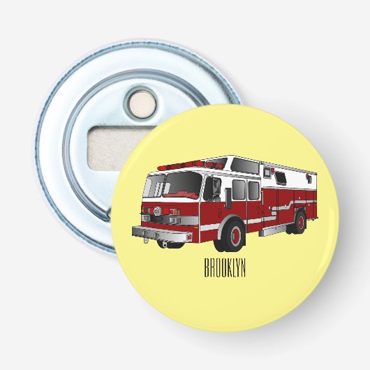 Voorbeeld van de cartoon van de brandweermotor button flesopener (Voorkant)