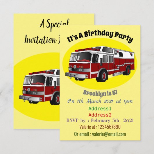 Voorbeeld van de cartoon van de brandweermotor kaart (Voorkant / Achterkant)