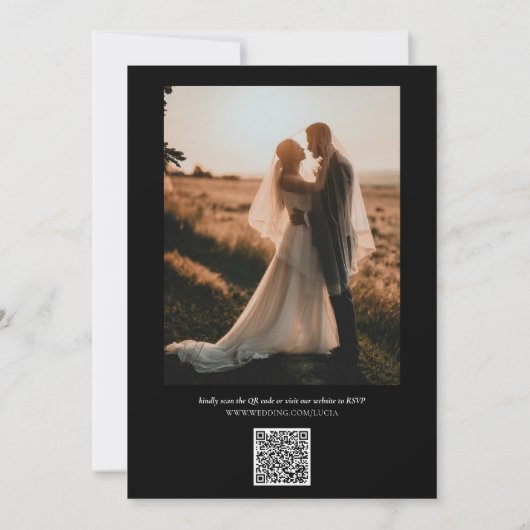 Voorbeeld zwart-wit foto en QR code bruiloft Kaart (Achterkant)
