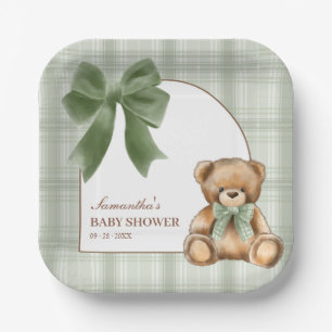 Voorbereid teddybeer saliegroen geruit babyshower  papieren bordje