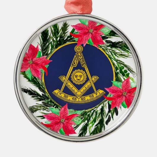 Voorbije Meester Vrijmetselaar Krans Poinsettia Metalen Ornament (Voorkant)