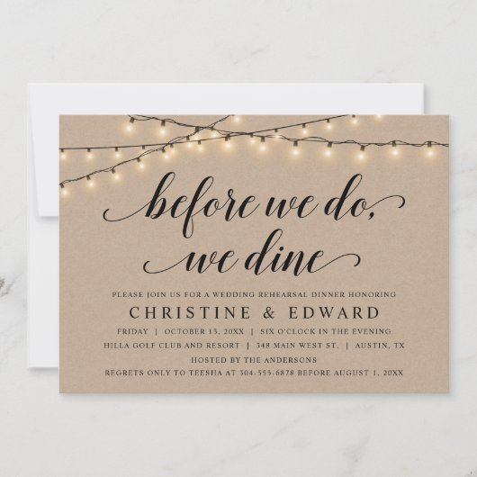 Voordat we dat doen, dineren, bruiloft-repetitie, kaart (Voorkant)