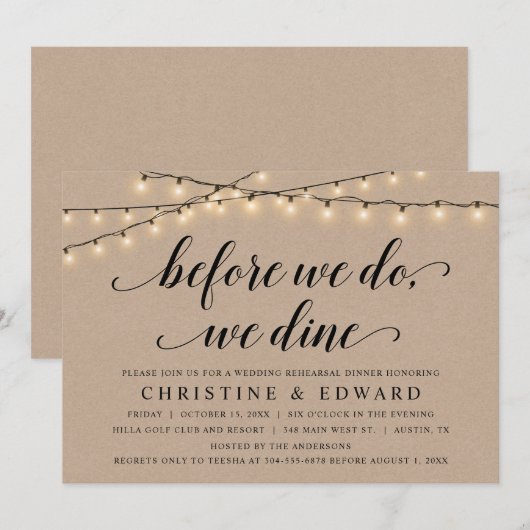 Voordat we dat doen, dineren, bruiloft-repetitie,  kaart (Voorkant / Achterkant)