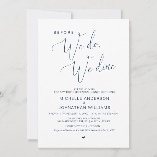 Voordat we dat doen, dineren we, bruiloft-repetiti kaart (Voorkant)