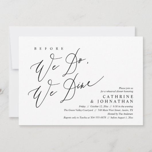 Voordat we dat doen, dineren we, bruiloft-repetiti kaart (Voorkant)