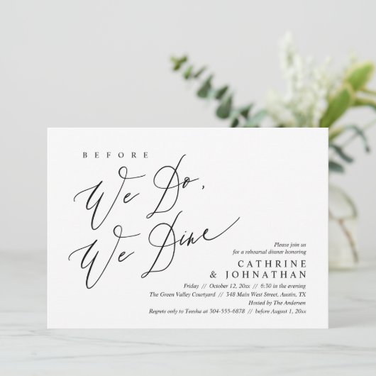 Voordat we dat doen, dineren we, bruiloft-repetiti kaart (Staand voorkant)