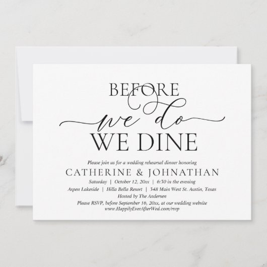 Voordat we het doen, dineren we, huwelijksrepetiti kaart (Voorkant)