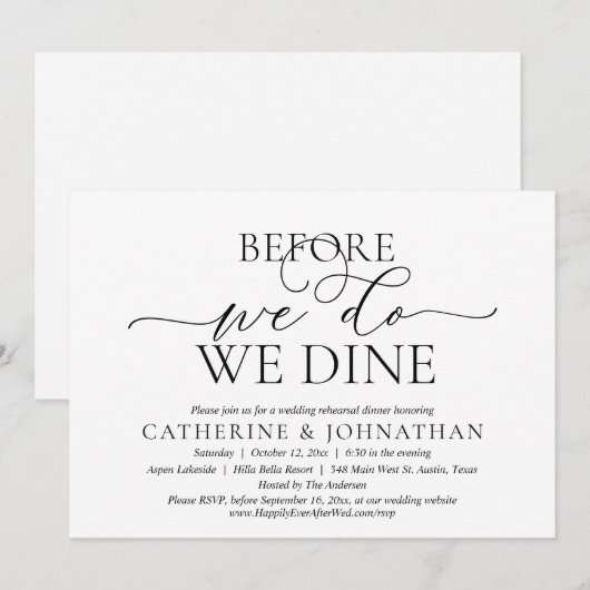 Voordat we het doen, dineren we, huwelijksrepetiti kaart (Voorkant / Achterkant)