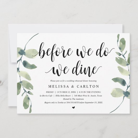 Voordat we het doen, dineren we, proefhuwelijk din kaart (Voorkant)