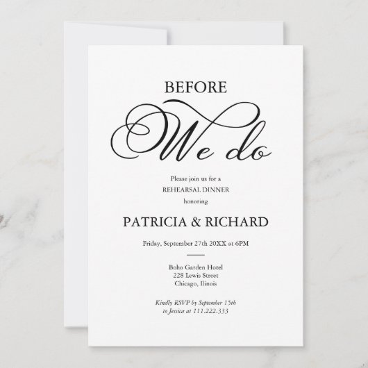 Voordat we het elegante script repetitie diner doe kaart (Voorkant)