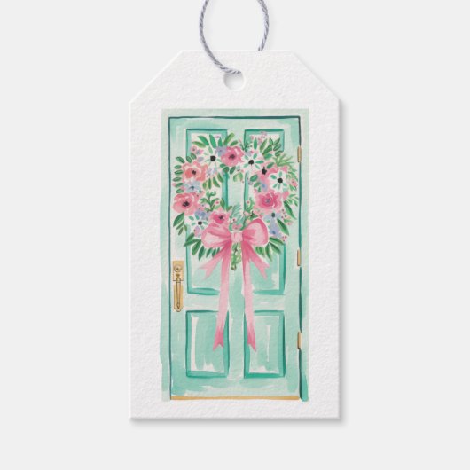 Voordeur Gift Labels, Nieuw huis krans Labels, roz Cadeaulabel (Voorkant)