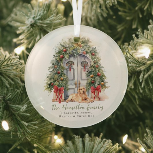 Voordeur met gele labrador kerst glas ornament (Insitu)