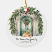 Voordeur met gele labrador kerst keramisch ornament (Voorkant)