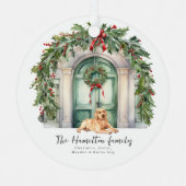 Voordeur met gele labrador kerst metalen ornament (Voorkant)