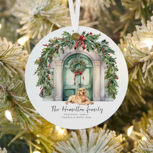 Voordeur met gele labrador kerst metalen ornament (Insitu)