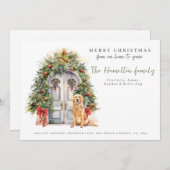 Voordeur met gouden retriever kerst feestdagenkaart (Voorkant / Achterkant)