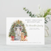 Voordeur met gouden retriever kerst feestdagenkaart (Staand voorkant)