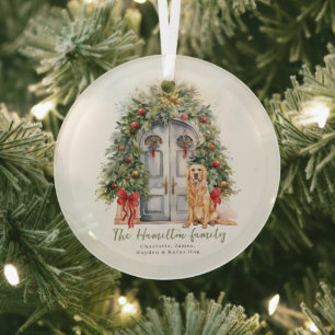 Voordeur met gouden retriever kerst glas ornament