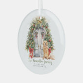 Voordeur met gouden retriever kerst glas ornament (Voorkant links)