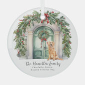 Voordeur met gouden retriever kerst glas ornament (Voorkant)