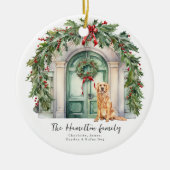 Voordeur met gouden retriever kerst keramisch ornament (Voorkant)