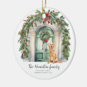 Voordeur met gouden retriever kerst keramisch ornament (Links)